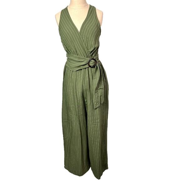Flying Tomato Jumpsuit Women's M Green Striped Belted Cross Cutout Back V-Neck - Picture 2 of 12